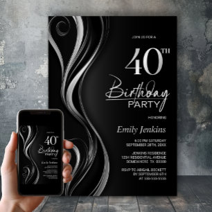 Invitation Fête d'anniversaire moderne Black Silver 40e