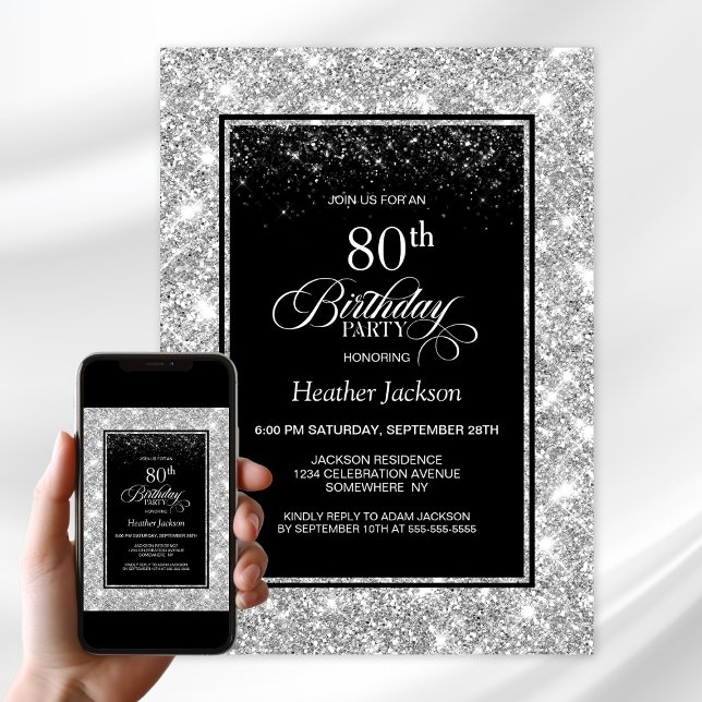 Invitation Fête d'anniversaire moderne Black Silver 80e (Créateur téléchargé)