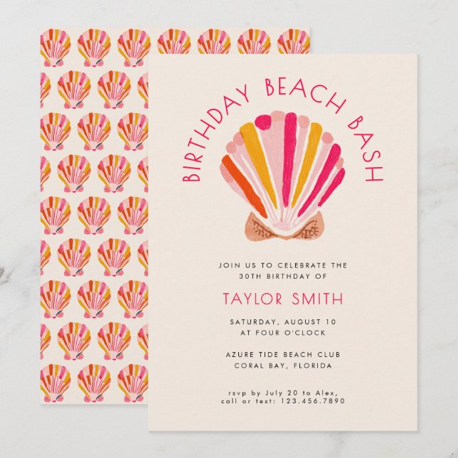 Invitation Fête d'anniversaire moderne Bold Beach Summer Shel (Devant / Derrière)