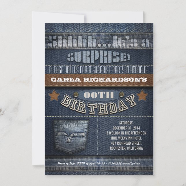 Invitation fête d'anniversaire moderne denim surprise (Devant)