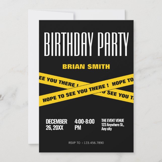 Invitation Fête d'anniversaire moderne en noir et jaune (Devant)