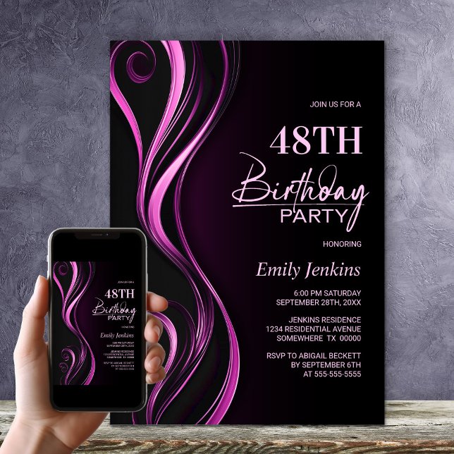 Invitation Fête d'anniversaire moderne en rose noir (Créateur téléchargé)