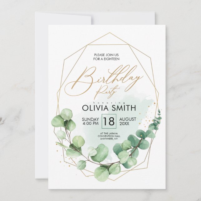 Invitation Fête d'Anniversaire moderne Eucalyptus verdure (Devant)