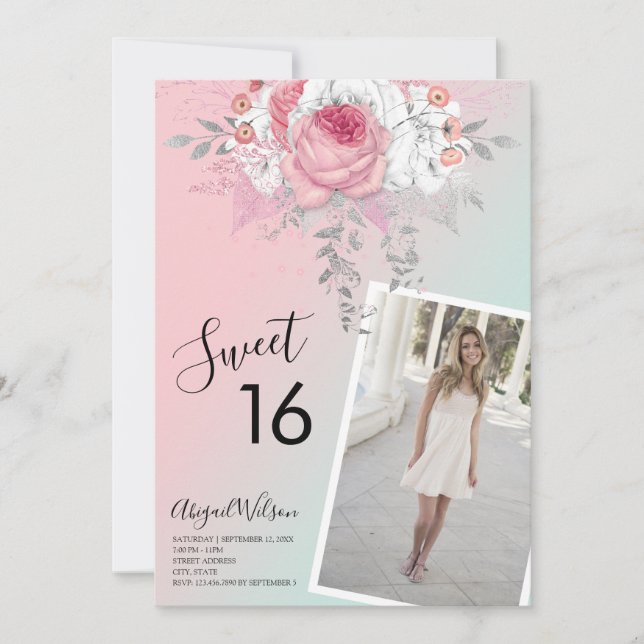 Invitation Fête d'anniversaire moderne floral ombre sweet six (Devant)