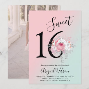 Invitation Fête d'anniversaire moderne floral ombre sweet six