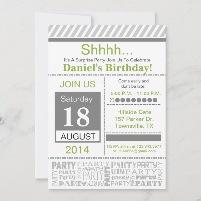 Invitation fête d'anniversaire moderne gris basiqu (Devant)