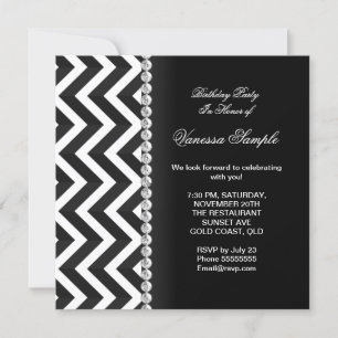 Invitation Fête d'anniversaire moderne noir blanc Chevron Str