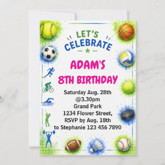 Invitation Fête d'anniversaire moderne pour garçons bleue spo