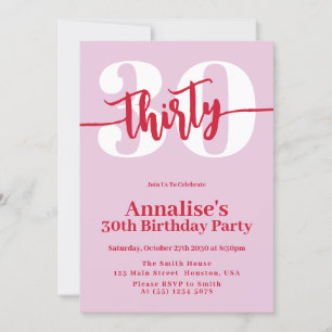 Invitation Fête d'anniversaire moderne rose rouge 30 ans