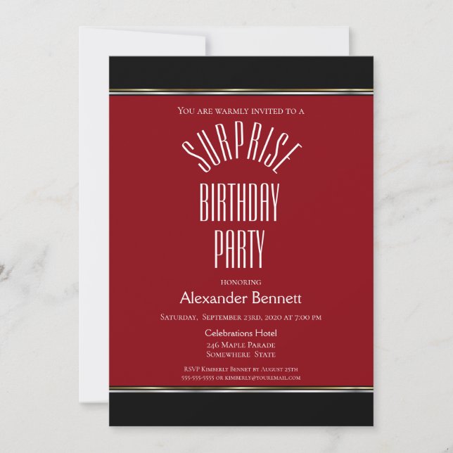 Invitation Fête d'anniversaire moderne rouge noir blanc surpr (Devant)