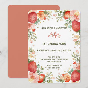 Invitation Fête d'anniversaire motif aux fraises mignonnes
