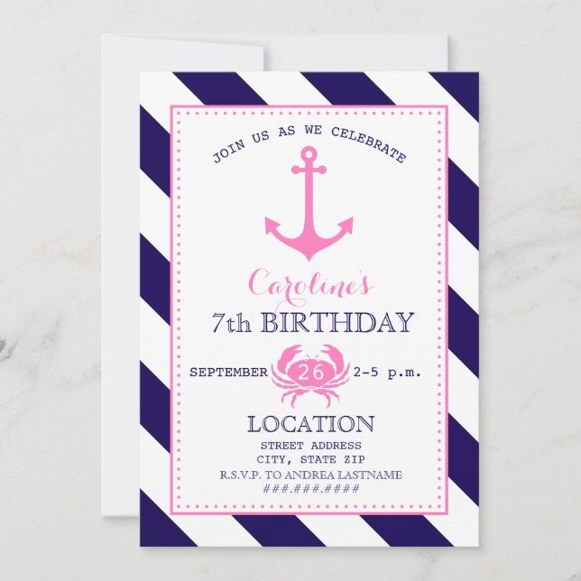 Invitation Fête d'anniversaire nautique de la fille - Ancre + (Devant)