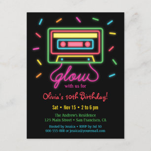 Invitation Fête d'anniversaire néon avec cassette rétro fauss
