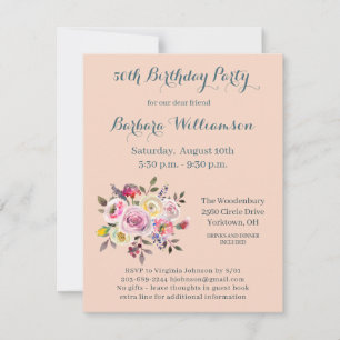 Invitation Fête d'anniversaire n'importe quel âge Fleurs aqua
