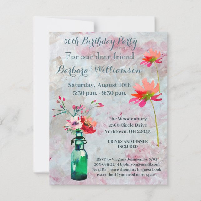 Invitation Fête d'anniversaire n'importe quel âge Fleurs aqua (Devant)