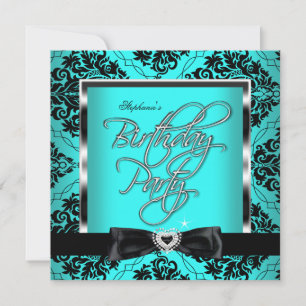 Invitation Fête d'anniversaire Noir Argent Damassé Bleu sarce