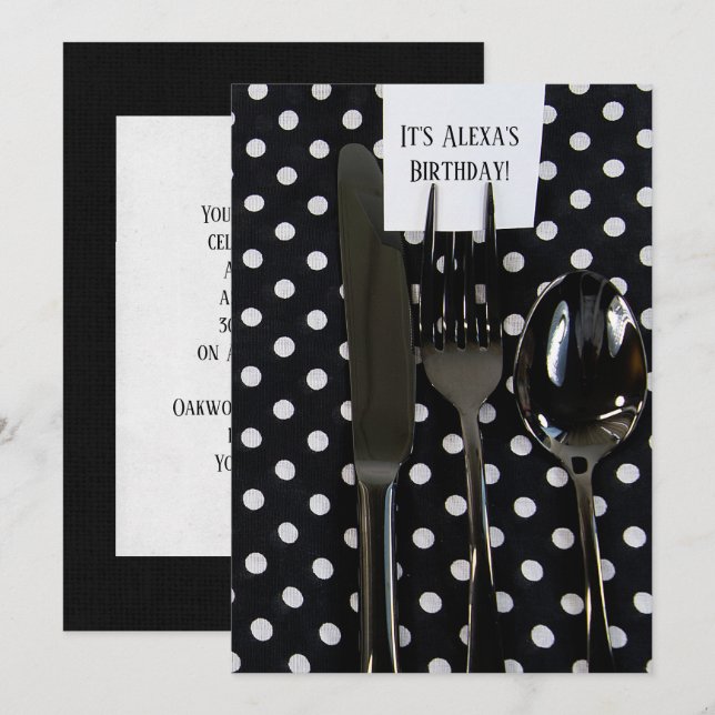 Invitation Fête d'anniversaire noir argenterie (Devant / Derrière)