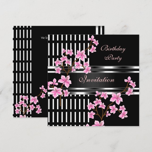 Invitation Fête d'anniversaire Noir Blanc Asiatique Rose Fleu (Devant / Derrière)