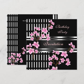 Invitation Fête d'anniversaire Noir Blanc Asiatique Rose Fleu