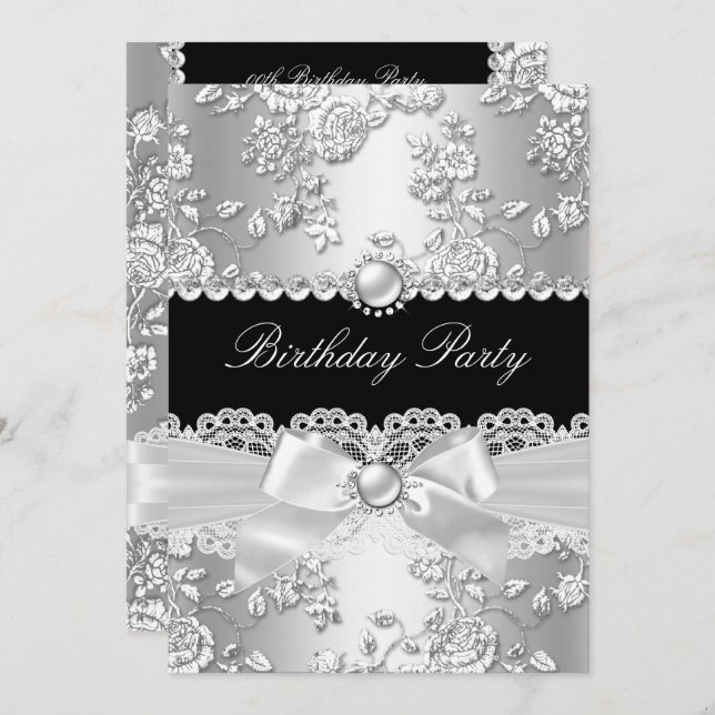 Invitation Fête d'anniversaire Noir Blanc Damas Rose Argent 2 (Devant / Derrière)