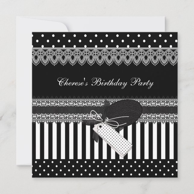 Invitation Fête d'anniversaire Noir Blanc Pois rayures (Devant)