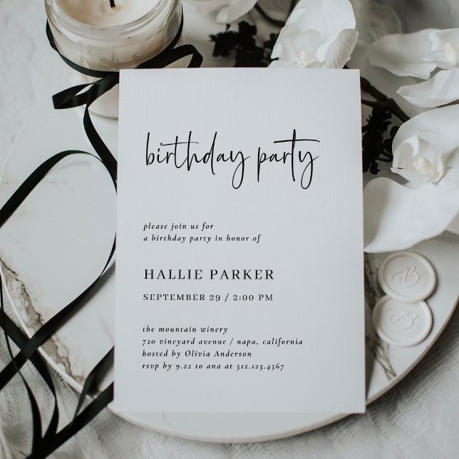 Invitation Fête d'anniversaire noir et blanc moderne et minim (A modern, minimal adult birthday party invitation in elegant black and white)