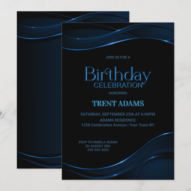 Invitation Fête d'Anniversaire Noir Moderne (Devant / Derrière)