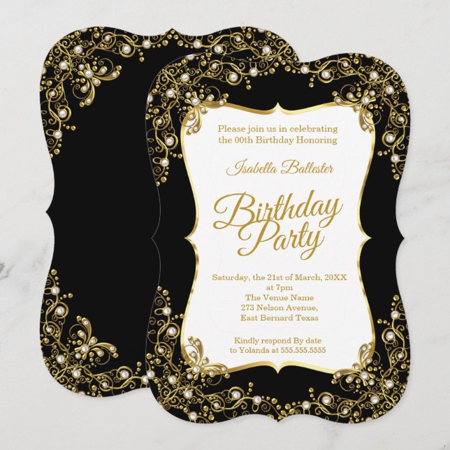 Invitation Fête d'anniversaire noir Or perles blanches (Devant / Derrière)