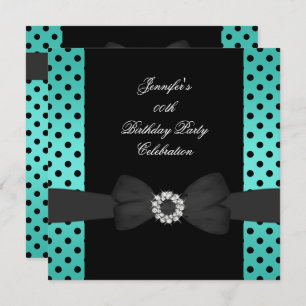 Invitation Fête d'anniversaire Noir Pois Turquoises Bow