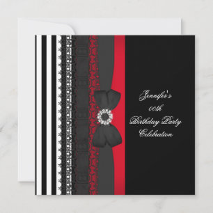 Invitation Fête d'anniversaire noir rouge blanc rayure nœud