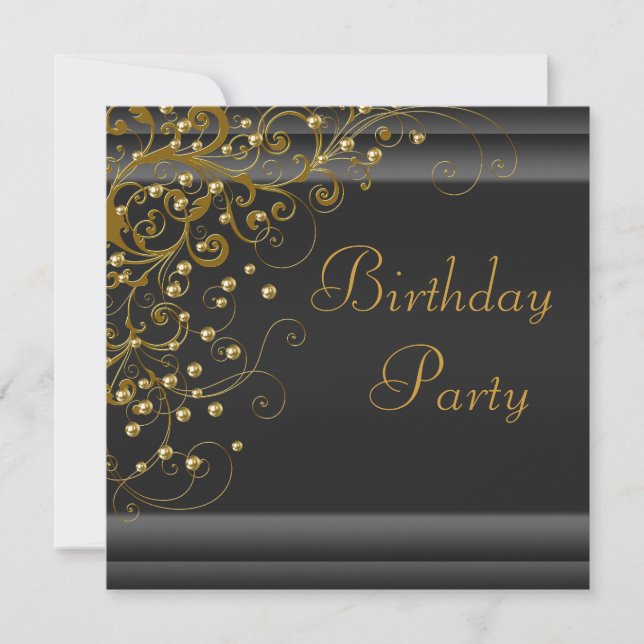 Invitation Fête d'anniversaire noire et or tourbillon perle d (Devant)