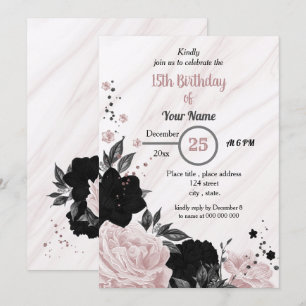 Invitation Fête d'anniversaire noire et rose douce