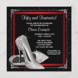 Invitation Fête d'anniversaire noire et rouge de talon haut
