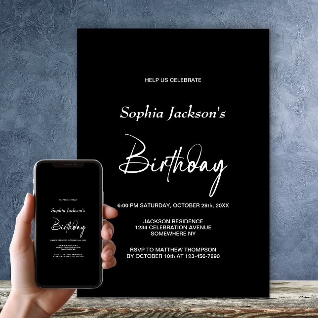 Invitation Fête d'anniversaire noire moderne (Créateur téléchargé)