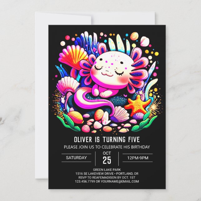 Invitation Fête d'anniversaire numérique moderne Axolotl (Devant)