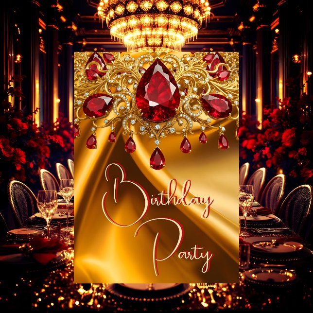 Invitation Fête d'anniversaire or soie rubis rouge bijou (Créateur téléchargé)