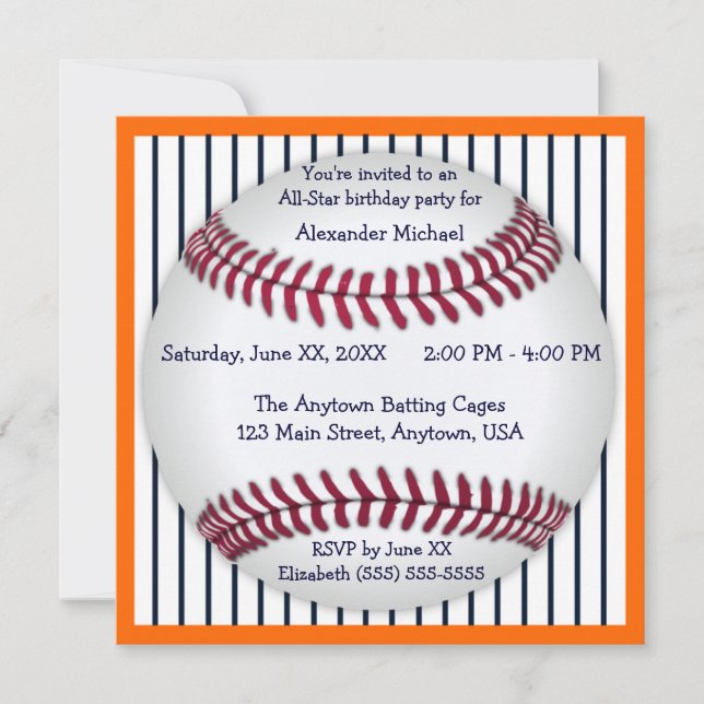 Invitation Fête d'anniversaire orange et bleue de base-ball (Devant)