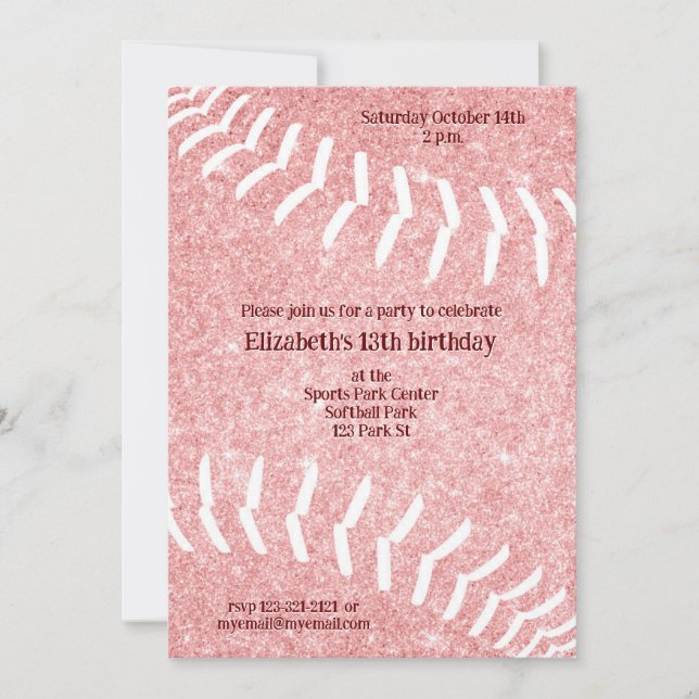 Invitation fête d'anniversaire ou de équipe de softball fémin (Devant)
