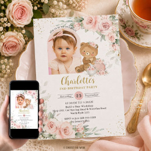 Invitation Fête d'anniversaire ours en peluche floral rose pa