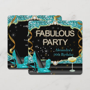 Invitation Fête d'anniversaire pailletée de sarcelle noire fa