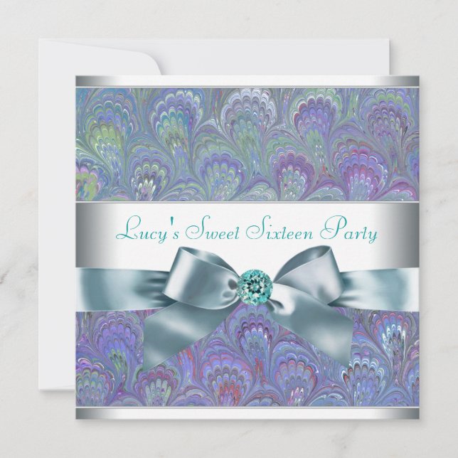 Invitation Fête d'anniversaire Paon Paisley Sarcelle Violet (Devant)