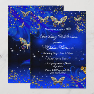 Invitation Fête d'anniversaire papillon bleu royal or scintil