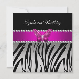 Invitation Fête d'anniversaire Papillon Noir Argent Zèbre Ros
