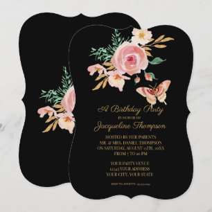 Invitation Fête d'anniversaire Papillon noir et blanc avec fl