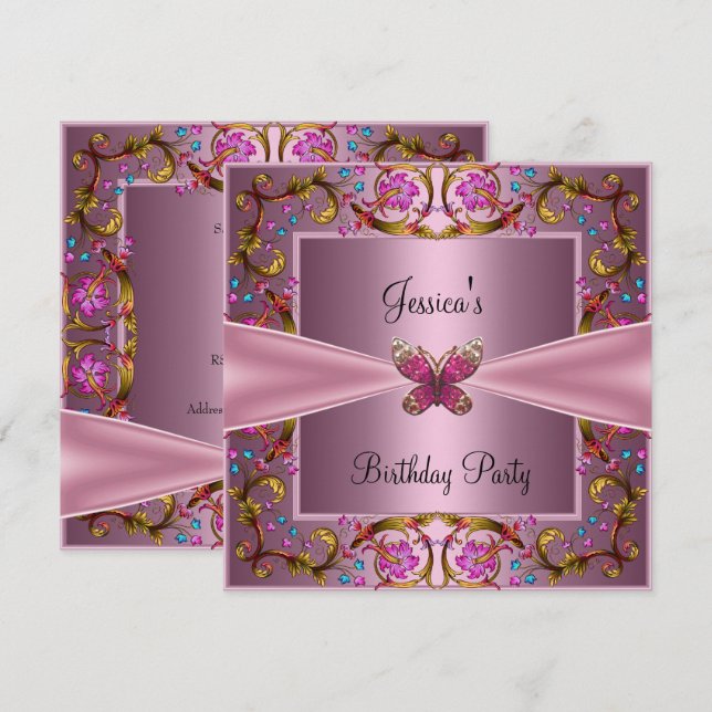 Invitation Fête d'anniversaire papillon rose floral (Devant / Derrière)