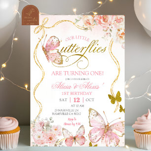Invitation Fête d'anniversaire papillons jumeaux rose Coquett