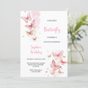 INVITATION FÊTE D'ANNIVERSAIRE PAPILLONS ROSE ET OR MIGNONS