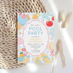 Invitation Fête d'anniversaire pastel à la piscine Plage