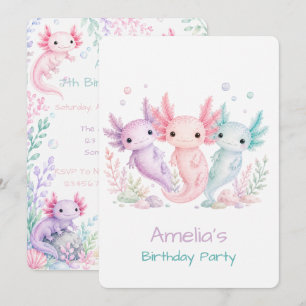 Invitation Fête d'anniversaire pastel axolotl mignonne