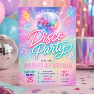 Invitation Fête d'anniversaire Pastel Disco Glow